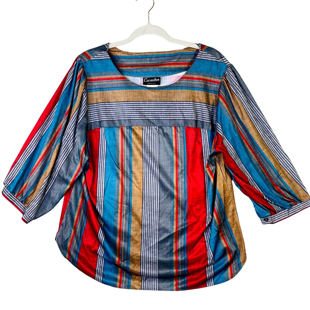 Carmelton Vintage Striped 3/4 Sleeve Blouse Red Blue Gold XL Style 50292 USA
